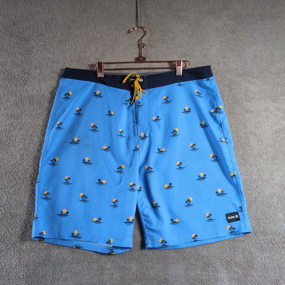 Hurley Mens Board Shorts Size‎ 36 Blue Palm Tree Sunset Print Swim Trunks